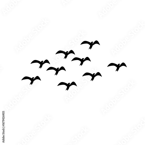 "Flying flock of birds vector, geese silhouettes triangle in sky, monochrome greeting card illustration, postcard invitation white background."