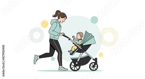Mother Jogging With Baby in Stroller for Fitness, Health, and Active Parenting