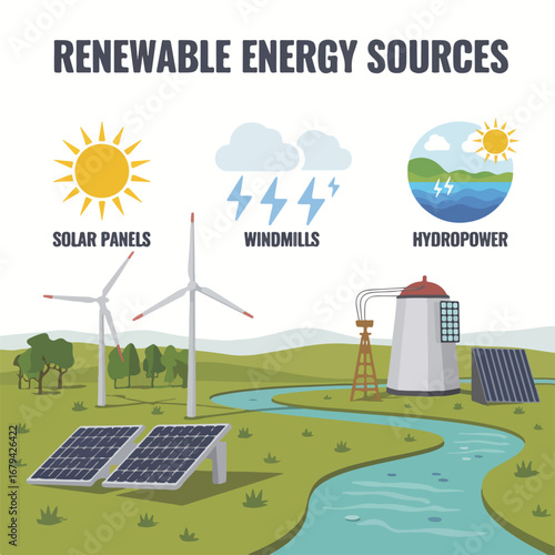 Renewable energy sources including solar, wind, and hydroelectric power generation