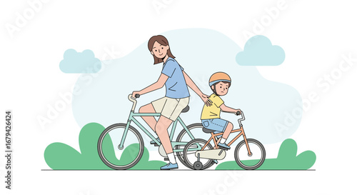 Mother Supports Her Child While Learning To Ride Bicycle In The Park Together Joyfully