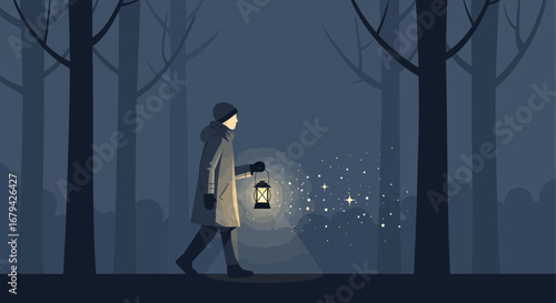 Lone Wanderer Illuminates a Dark Forest Path with a Lantern During Twilight
