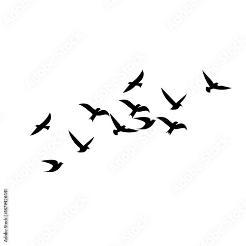 "Flying birds flock illustration vector, geese silhouettes triangle autumn sky, monochrome postcard greeting design, card isolated white background."