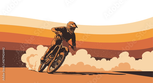 Motocross Rider Blasting Through Dust Trails Against Stylized Sunset Background