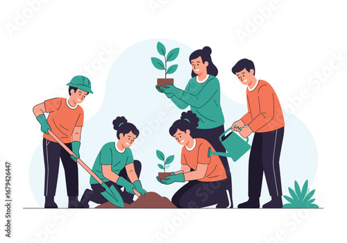 Team members participate in community tree planting event together