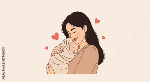 Mother's Tender Embrace: A Gentle Illustration of Maternal Love and Newborn Care