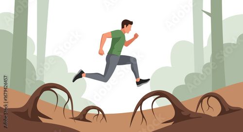 Motivational Athlete Leaping Dynamically Over Terrain Obstacles in a Forest Setting