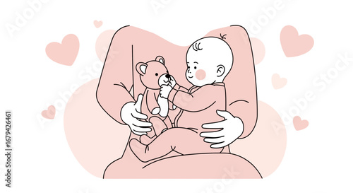 Loving Mother Holding Baby, Playing With Teddy Bear, Surrounded By Hearts, Illustration