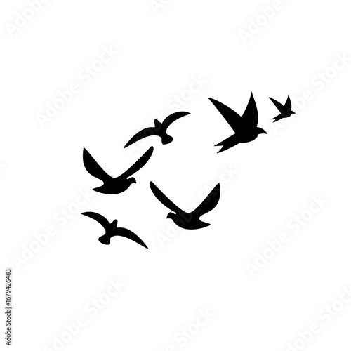 Vector flock of flying geese silhouettes, birds triangle in sky, postcard greeting illustration, monochrome card, autumn isolated background."
