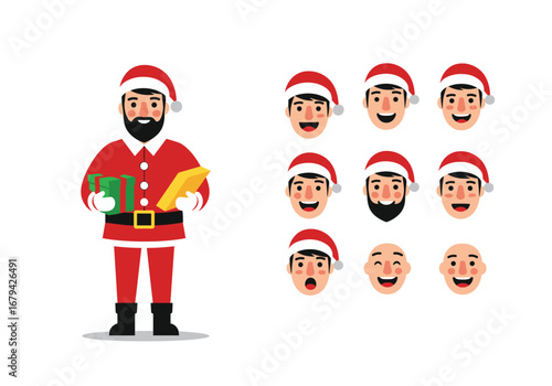 Pixel art santa claus character with multiple expressive faces for holiday design projects