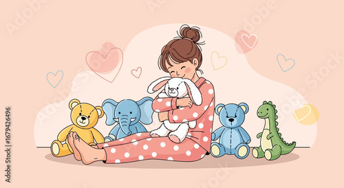 Loving Woman Embracing Plush Toy Collection, Filled with Joy and Affection, Displaying Inner Calm