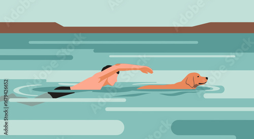 Man and dog swimming in the water enjoying the outdoors fun and spending time together