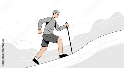 Man Ascending a Mountain in Minimalist Style, Depicting Perseverance and Achievement