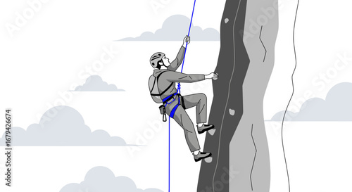 Man Ascending Rock Face, Displaying Bravery and Determination Amidst The Clouds