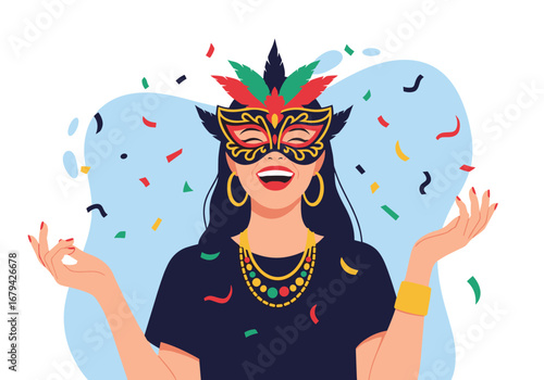 Excited woman wearing a colorful mardi gras mask with feathers and confetti falling down