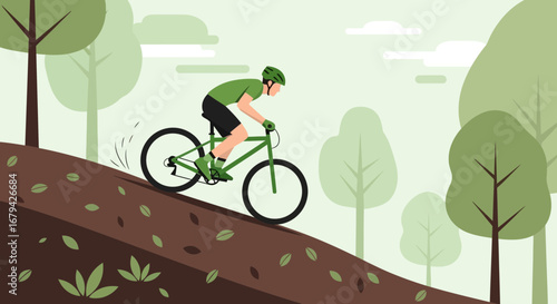 Mountain biker cycling downhill on a forest trail road vector illustration graphic design