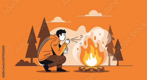 Man Attempts To Kindle Campfire Outdoors In A Stylized Illustration