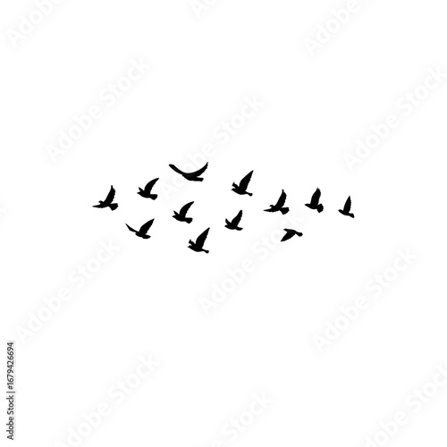 Vector flock of flying birds silhouettes, geese in triangle formation, monochrome postcard greeting card design, autumn illustration isolated.