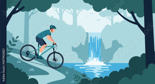 Mountain Biker Descending Trail Near Stunning Waterfall In A Lush, Verdant Forest