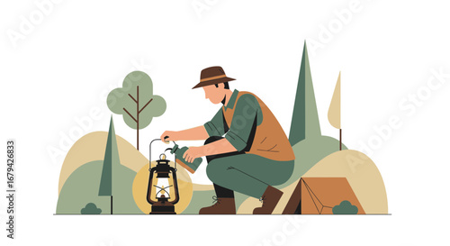 Man Camping and Refueling a Lantern in the wilderness with trees and nature