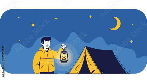 Man camping at night with a lantern next to a tent under the stars and the moon.
