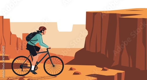 Mountain Biker Exploring a Desert Landscape on a Sunny Day with Cliffs in Background