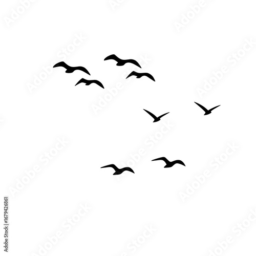 "Vector birds flying in flock, geese silhouettes triangle design, autumn sky postcard illustration, greeting card monochrome artistic style."
