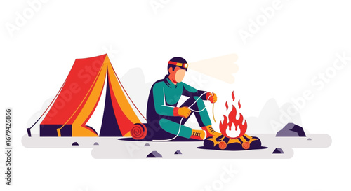 Man camping by a campfire near a tent cartoon illustration vector design elements