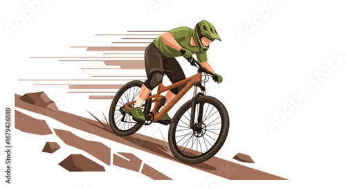 Mountain biker going downhill fast, vector illustration for sports and active lifestyle content