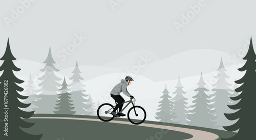 Mountain Biker Exploring a Peaceful Forest Path, Enclosed by Spruce Trees