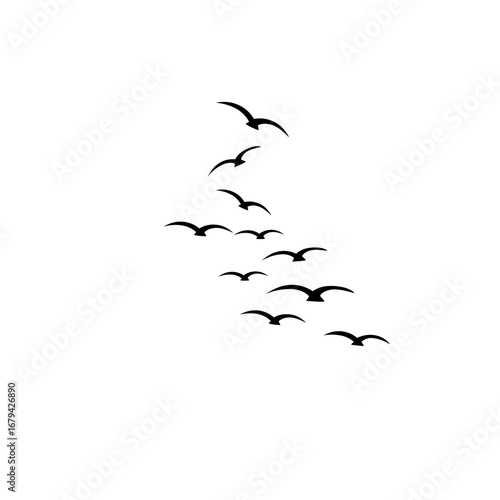 "Flying flock of birds vector silhouettes, geese triangle formation in autumn sky, monochrome greeting postcard illustration isolated background."