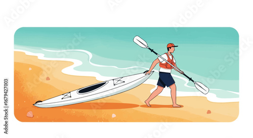 Man Carries Kayak with Paddle on Beach Preparing for Water Sports Activity