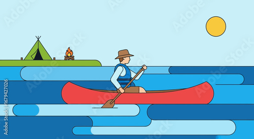 Man canoeing on a lake with sunshine and camping in the background, vector illustration