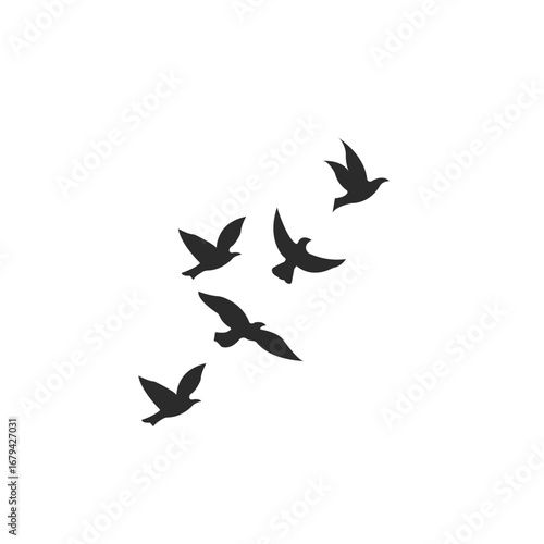 "Flying geese flock vector silhouettes, birds triangle formation, monochrome illustration postcard design isolated on sky white background."