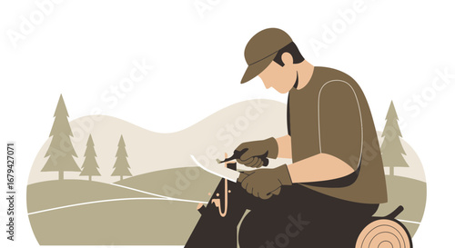 Man carving wood outdoors in nature, minimalist illustration of a craftsman at work