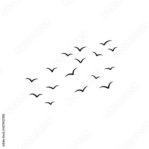 "Birds flock flying in triangle formation, geese silhouettes vector illustration, autumn sky monochrome design postcard isolated background."
