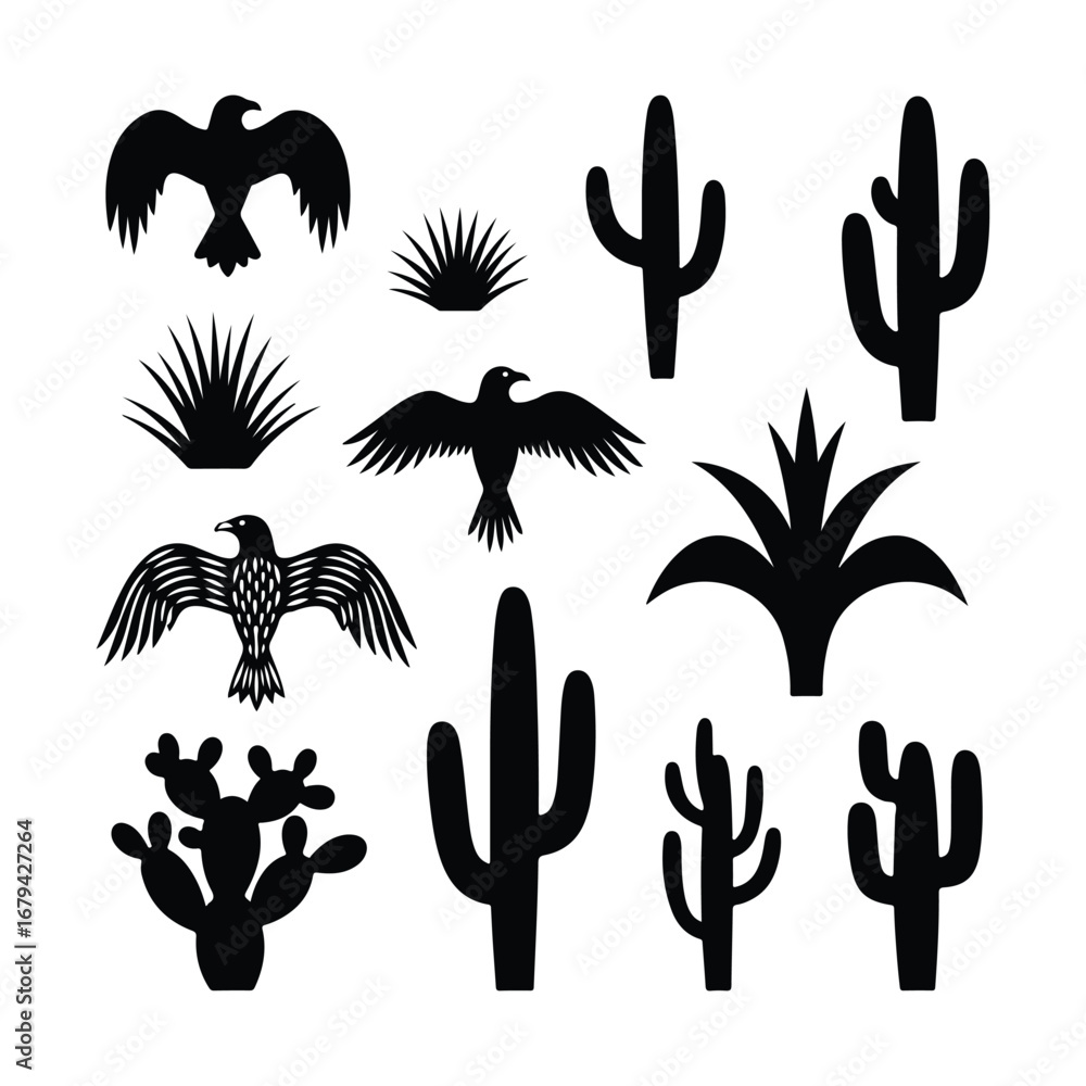 Fototapeta premium Black silhouette desert wildlife and flora collection cactus bird