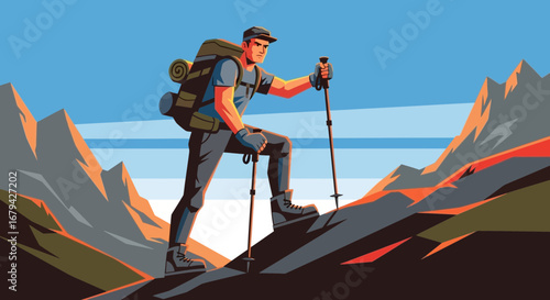 Man Climbing Mountain with Backpacking Gear, Hiking with Trekking Poles, Outdoor Adventure