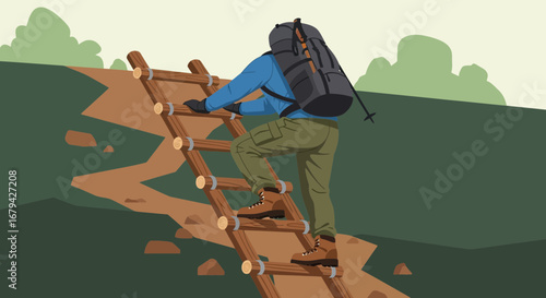 Man climbing a wooden ladder on a trail, hiking backpack on his back