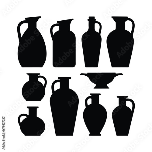 Collection of black silhouette ancient amphorae and vases on white background pottery