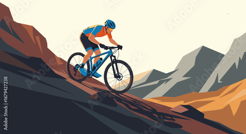 Mountain biker rides downhill mountain bike on a rugged terrain in vector illustration