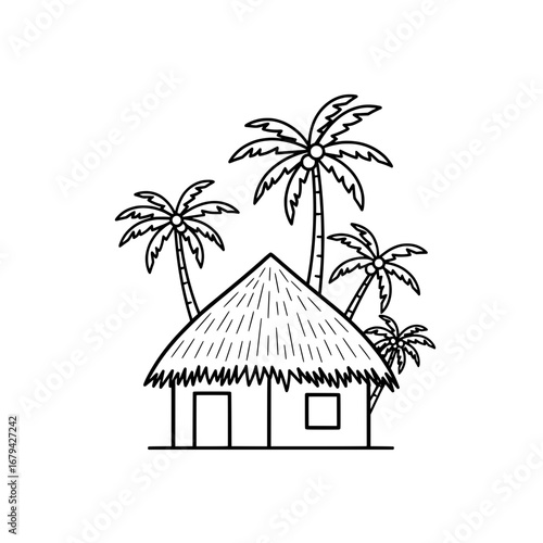 Tropical hut with palm trees and transparent background