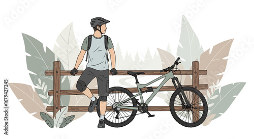 Mountain biker resting next to a bike and fence in a nature scene outline drawing