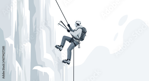 Man Climbing Ice Wall on a White Background, Illustration of Ice Climbing Activity