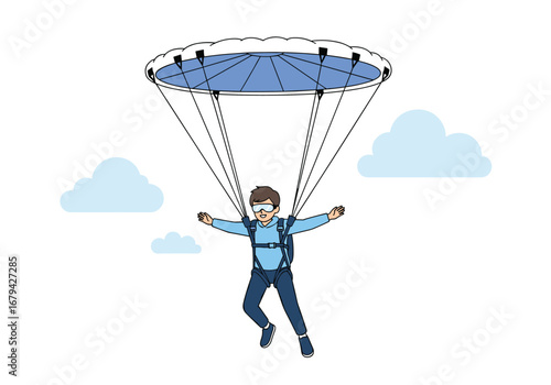 A person enjoys a thrilling parachute jump adventure in the sky with clouds