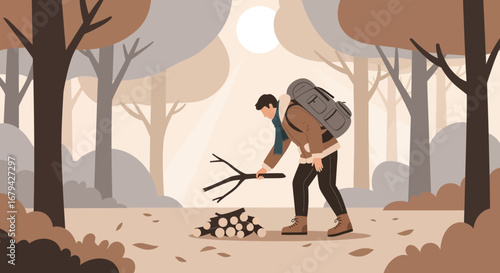 Man collecting firewood in autumn forest for camping or hiking concept illustration