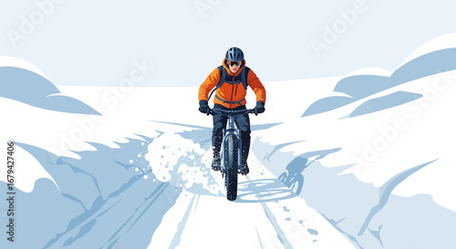 Mountain Biker Riding Through Snowy Landscape Depicting Adventure and Winter Sports