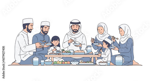 Adobe illustrator artwork vector illustration of a happy Muslim family, including parents and children, sharing a traditional meal together on the floor during Ramadan or Eid.