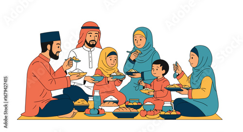 Adobe illustrator artwork vector illustration of a happy Muslim family, including parents and children, sharing a traditional meal together on the floor during Ramadan or Eid.