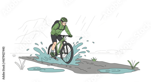 Mountain biker riding through water, illustration of cycling concept in the rain