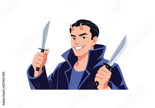 Man with two knives and small horns grinning wicked smile